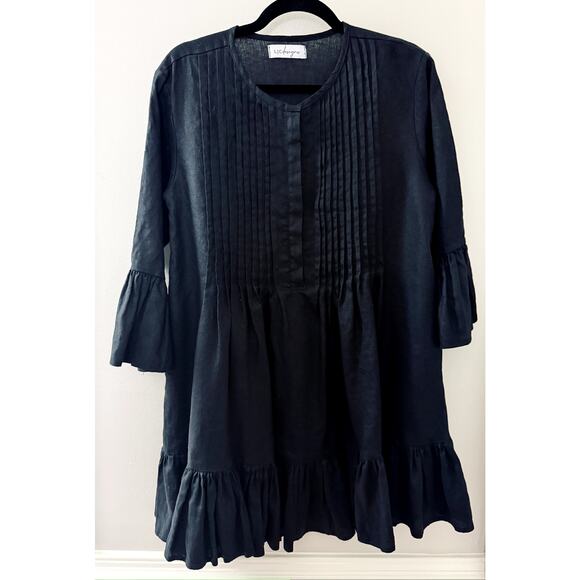 LJC 100% Linen‎ Lagenlook Resortwear Minimalist Pleat Ruffle Black Shirt Dress M - Picture 2 of 11